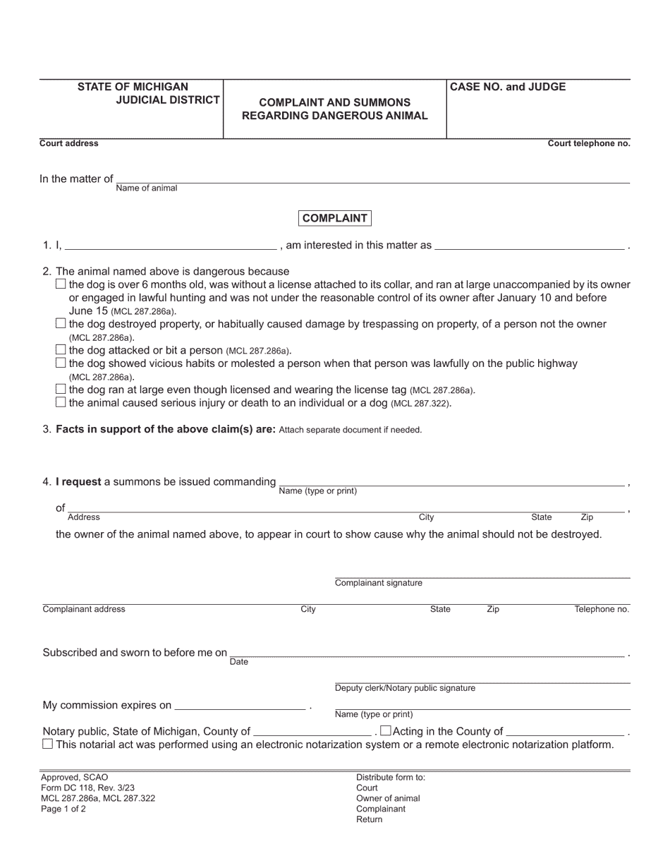 Form DC118 Complaint and Summons Regarding Dangerous Animal - Michigan, Page 1