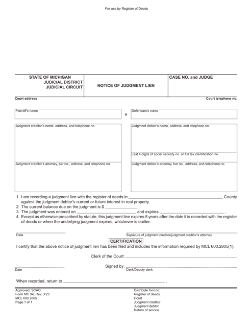 Form MC94 Notice of Judgment Lien - Michigan