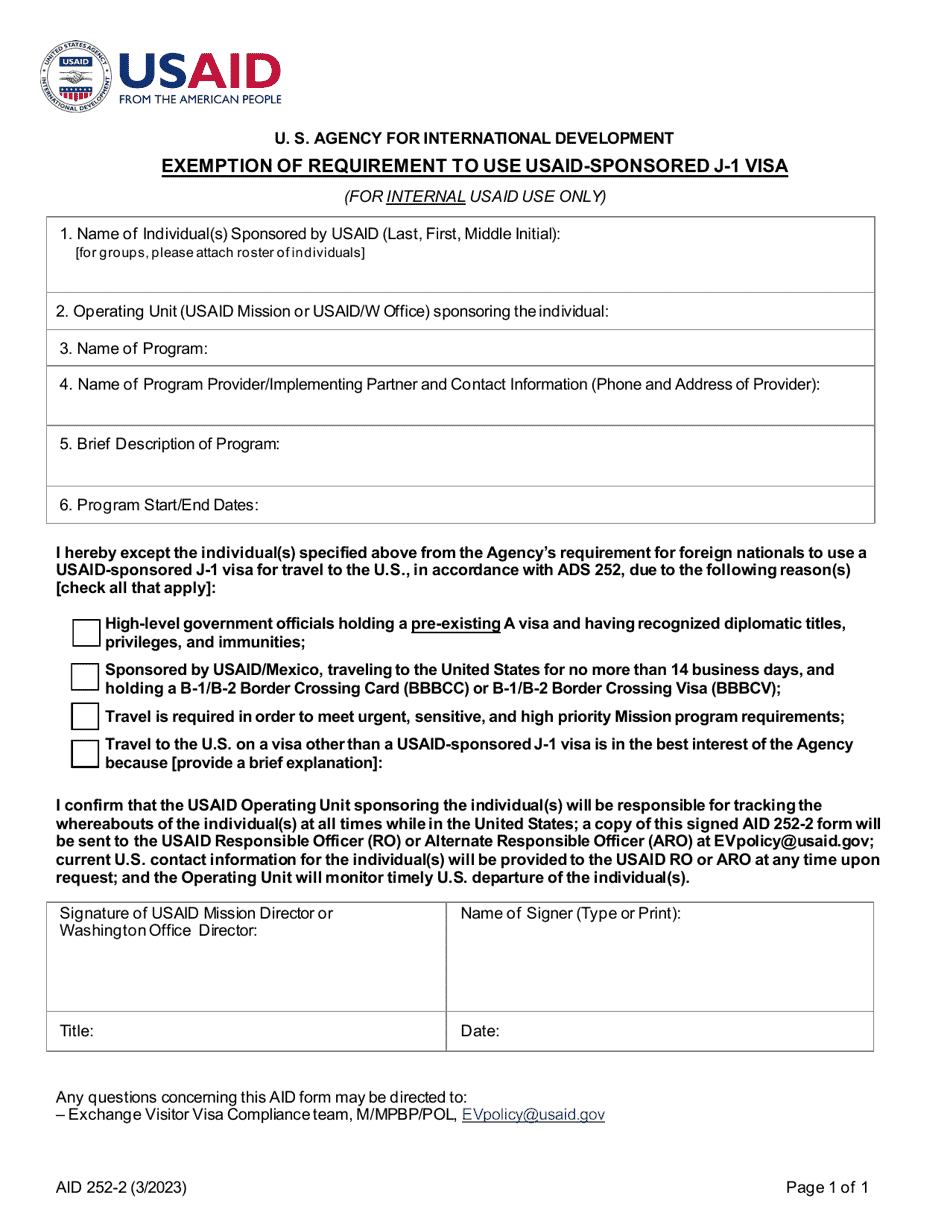 Form AID252-2 Exemption of Requirement to Use Usaid-Sponsored J-1 Visa, Page 1