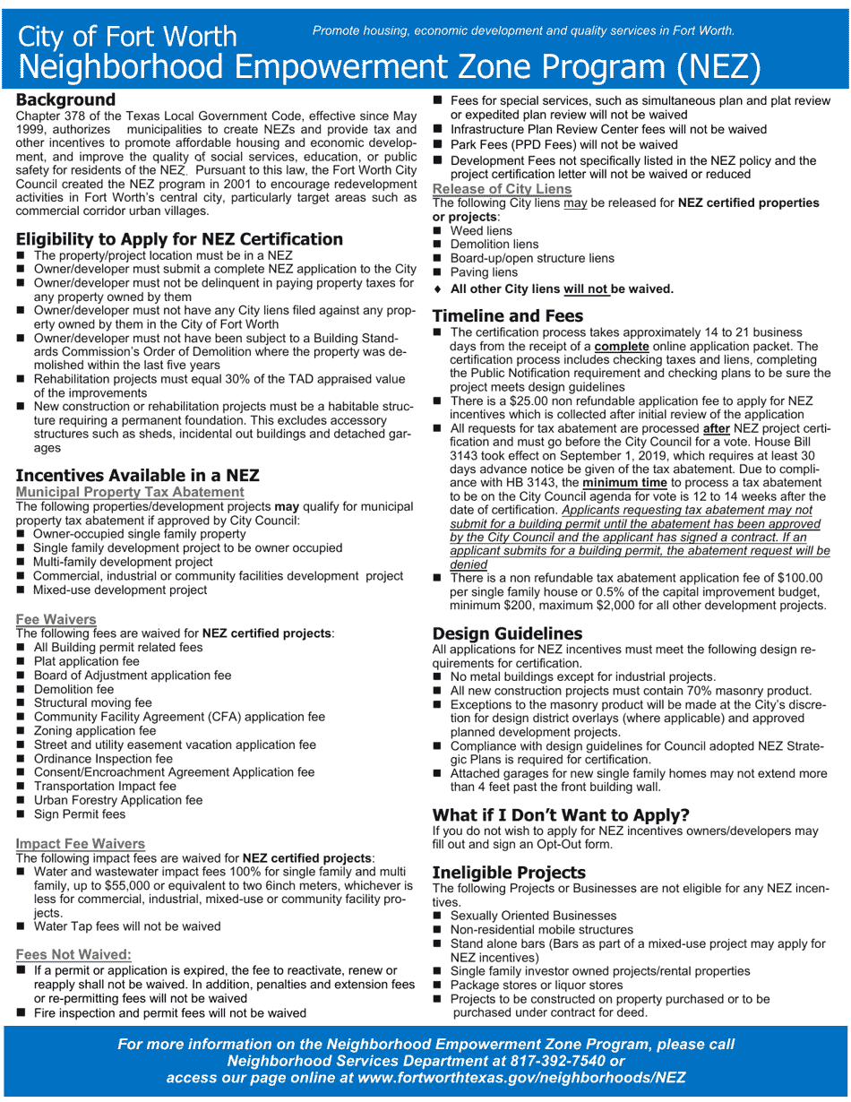 Neighborhood Empowerment Zone (Nez) Application for Incentives - All Projects Except Single Family - City of Fort Worth, Texas, Page 1