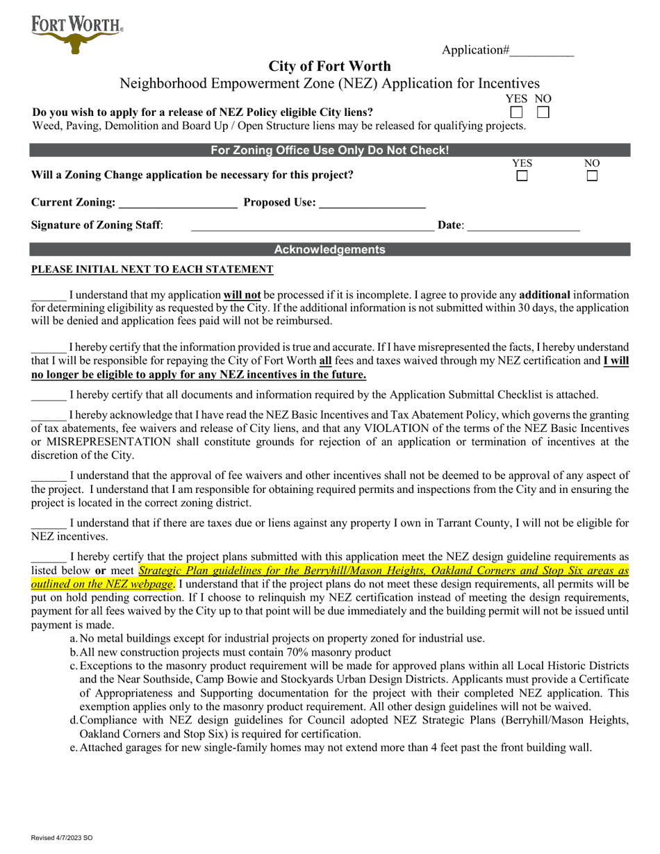 Neighborhood Empowerment Zone (Nez) Application for Incentives - All Projects Except Single Family - City of Fort Worth, Texas, Page 4