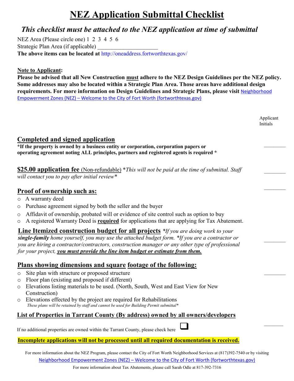 Neighborhood Empowerment Zone (Nez) Application for Incentives - for Single Family Projects Only - City of Fort Worth, Texas, Page 2