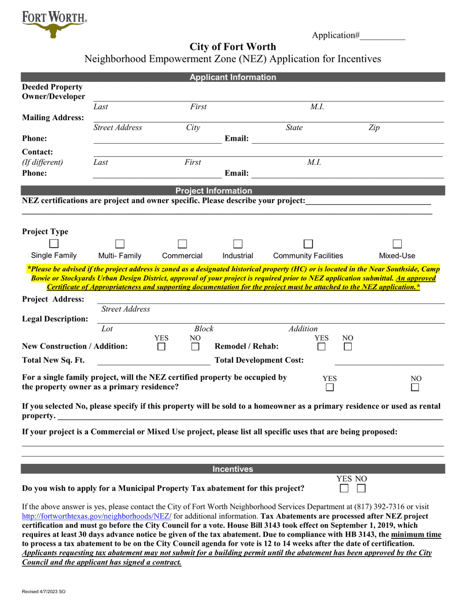 Neighborhood Empowerment Zone (Nez) Application for Incentives - for Single Family Projects Only - City of Fort Worth, Texas, Page 3
