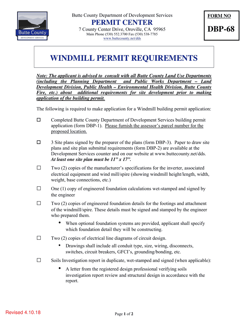 Form DBP-68 Windmill Permit Requirements - Butte County, California, Page 1