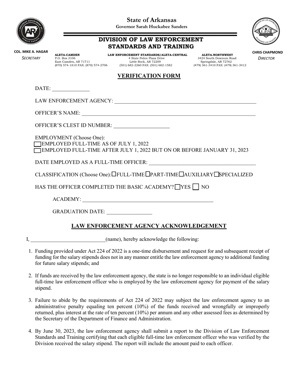 Verification Form - Arkansas, Page 1