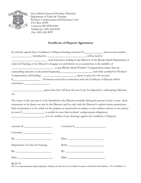 Form RI SI-7B Certificate of Deposit Agreement - Rhode Island
