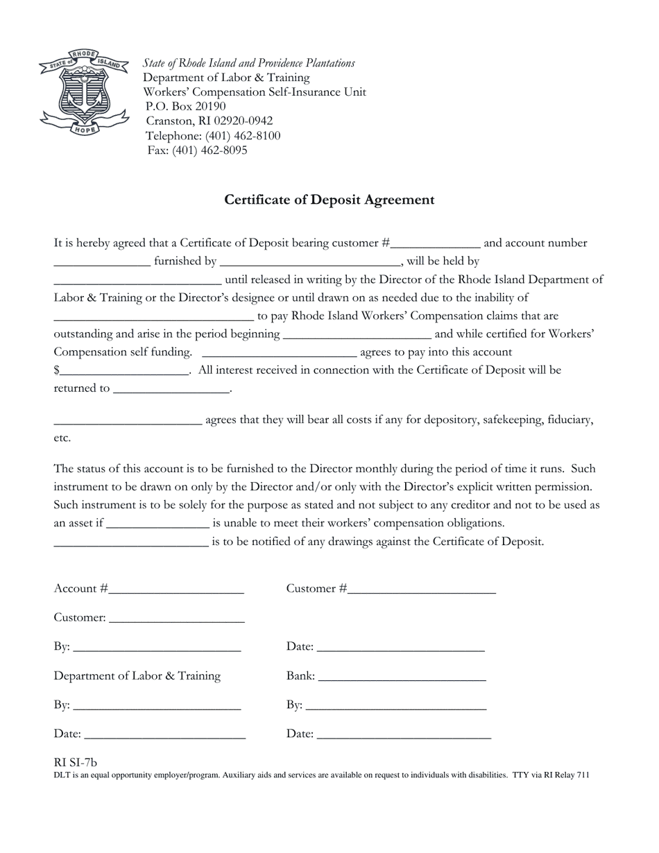Form RI SI-7B Certificate of Deposit Agreement - Rhode Island, Page 1