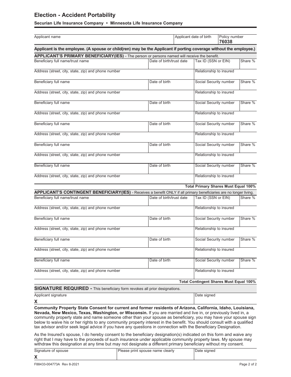 Form F88433-004773A Election - Accident Portability - Wisconsin, Page 4