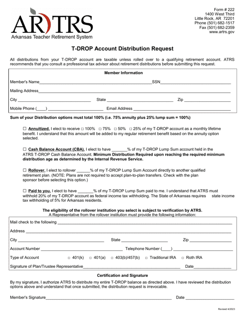 Form 222 T-Drop Account Distribution Request - Arkansas