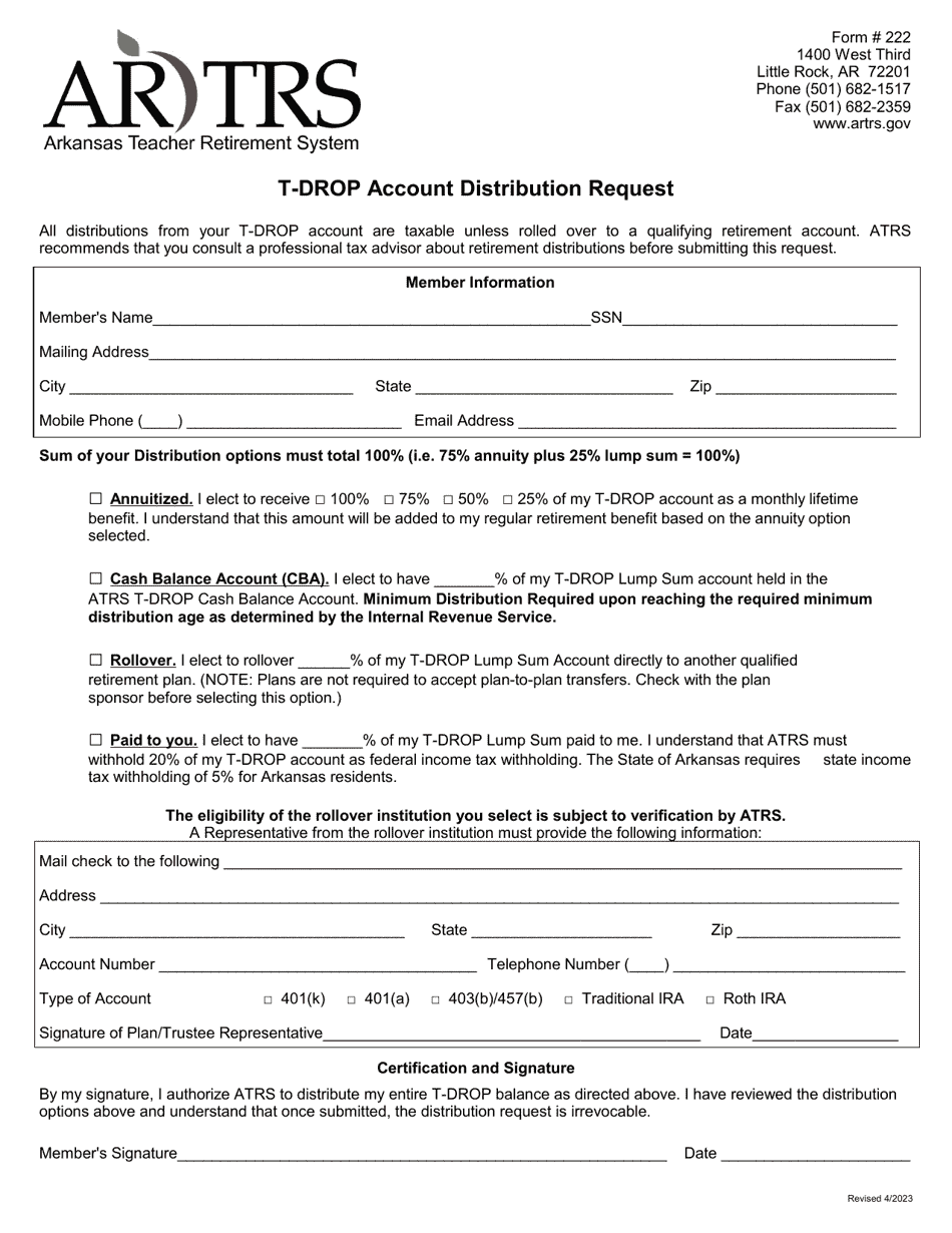 Form 222 T-Drop Account Distribution Request - Arkansas, Page 1