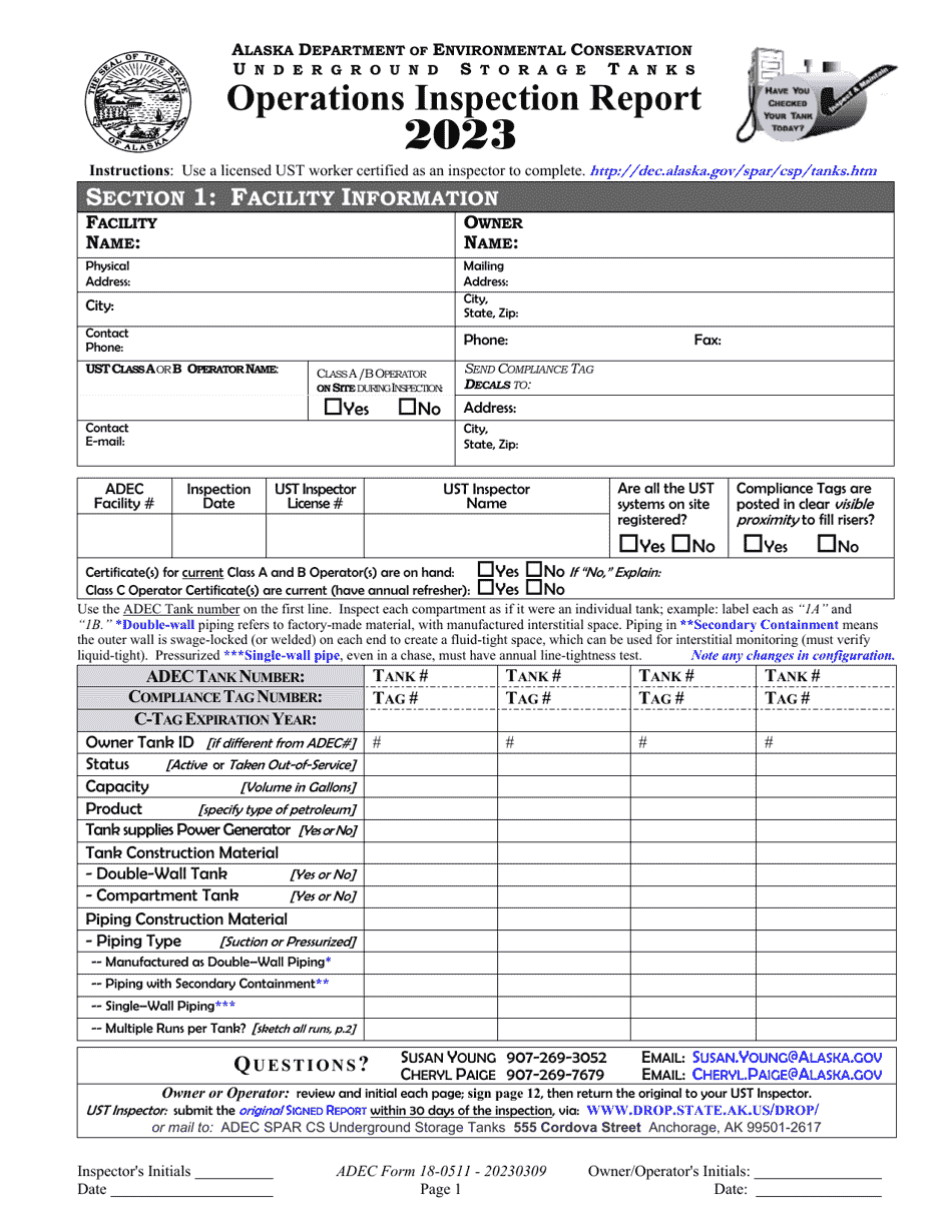 ADEC Form 18-0511 Underground Storage Tanks Operations Inspection Report - Alaska, Page 1