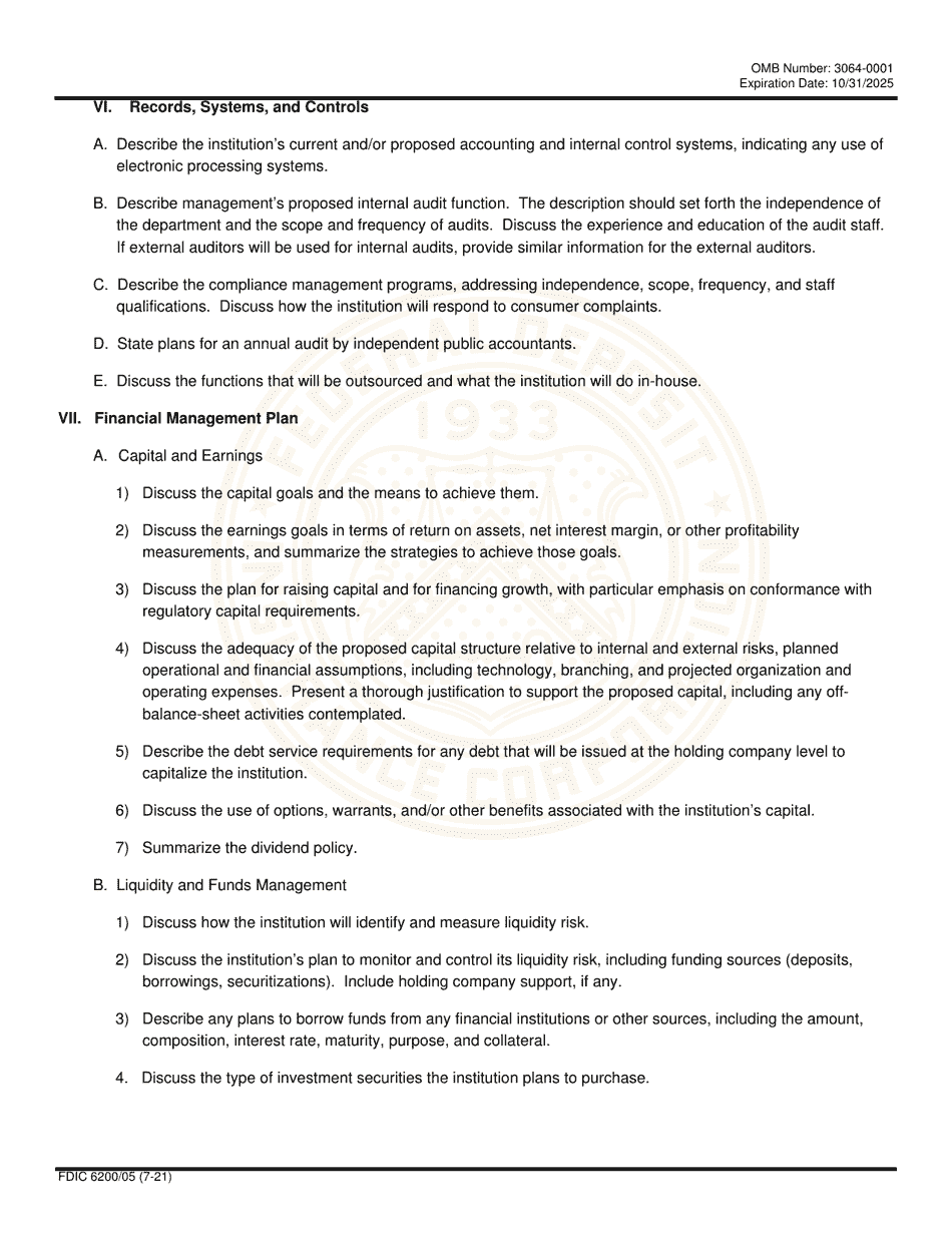FDIC Form 6200 / 05 Interagency Charter and Federal Deposit Insurance Application, Page 19