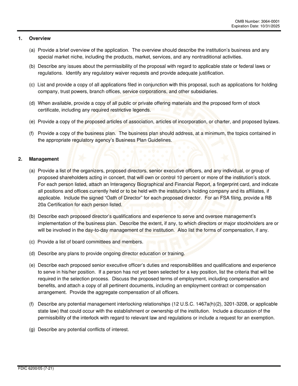 FDIC Form 6200 / 05 Interagency Charter and Federal Deposit Insurance Application, Page 5