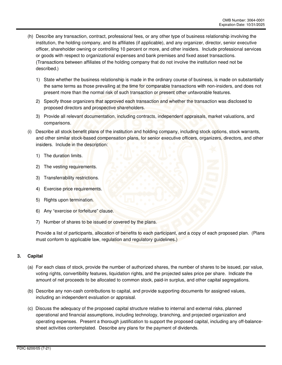 FDIC Form 6200 / 05 Interagency Charter and Federal Deposit Insurance Application, Page 6