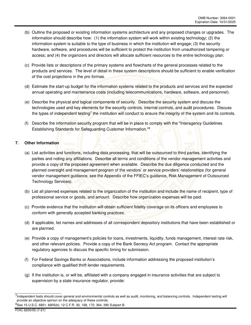 FDIC Form 6200 / 05 Interagency Charter and Federal Deposit Insurance Application, Page 9