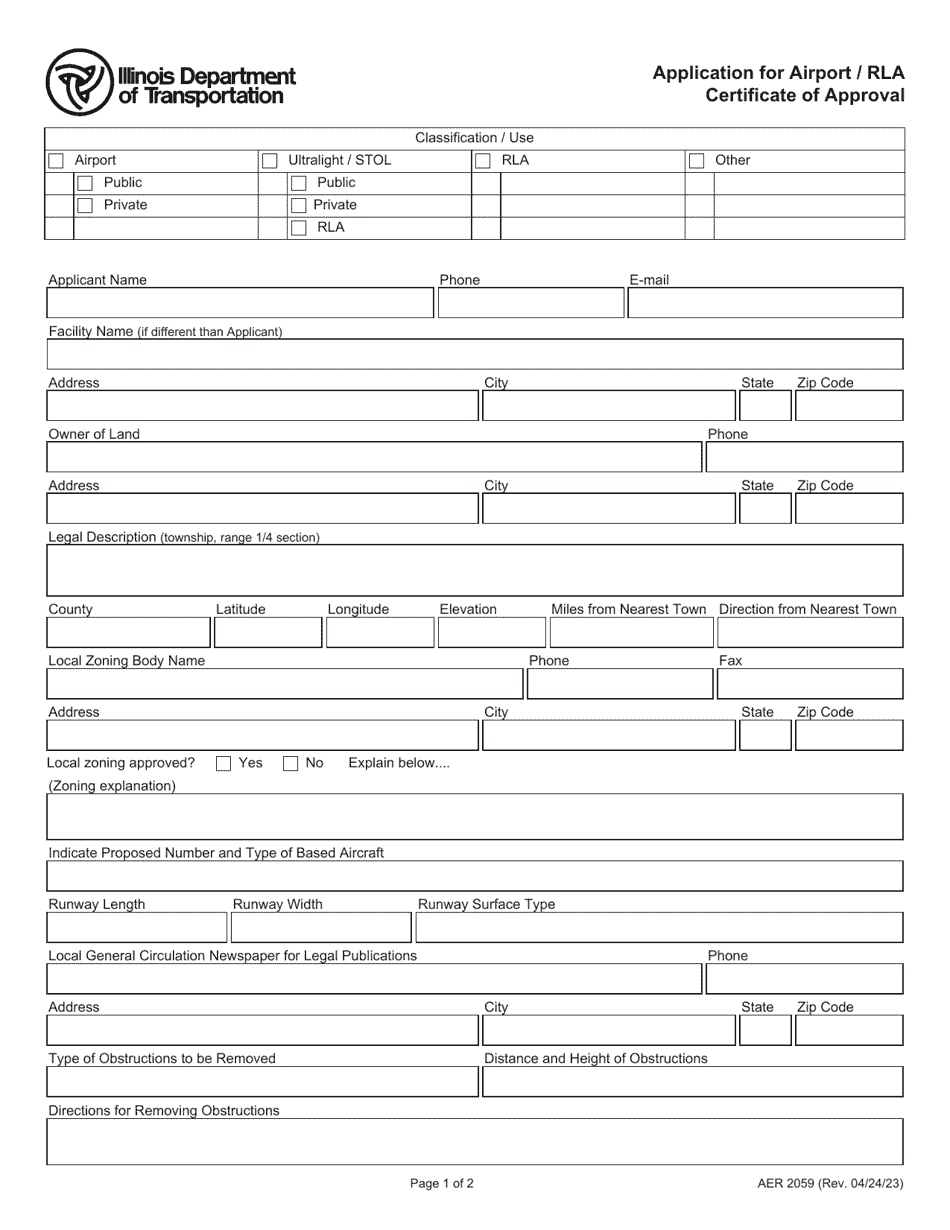 Form AER2059 Application for Airport / Rla Certificate of Approval - Illinois, Page 1
