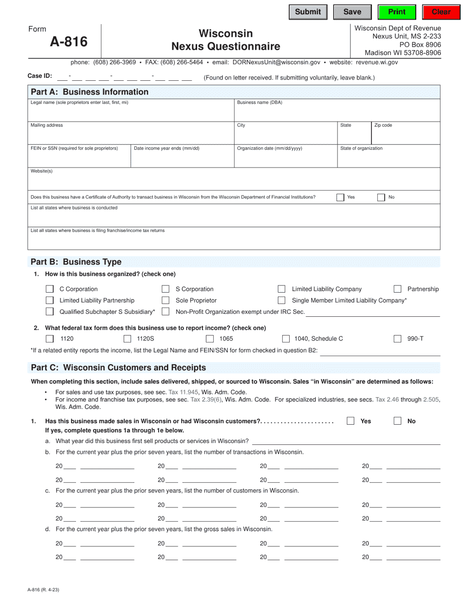 Form A816 Download Fillable PDF or Fill Online Nexus Questionnaire
