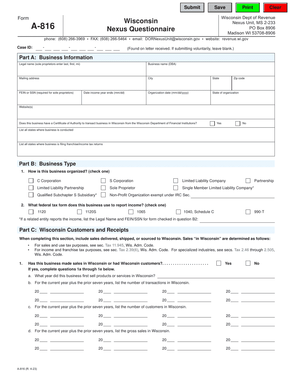 Form A-816 Nexus Questionnaire - Wisconsin, Page 1