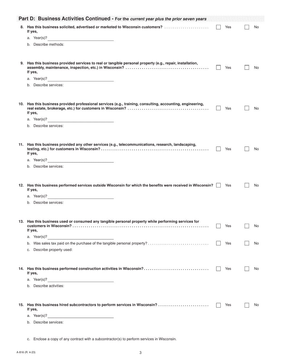 Form A-816 Nexus Questionnaire - Wisconsin, Page 3