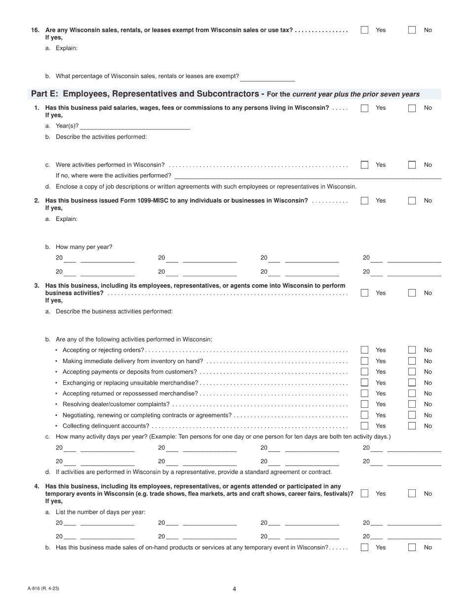 Form A-816 Nexus Questionnaire - Wisconsin, Page 4