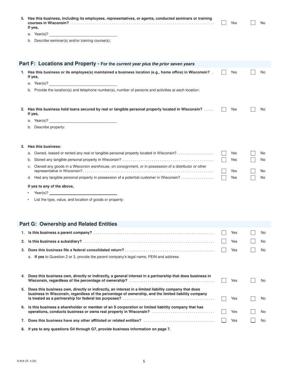 Form A-816 Nexus Questionnaire - Wisconsin, Page 5