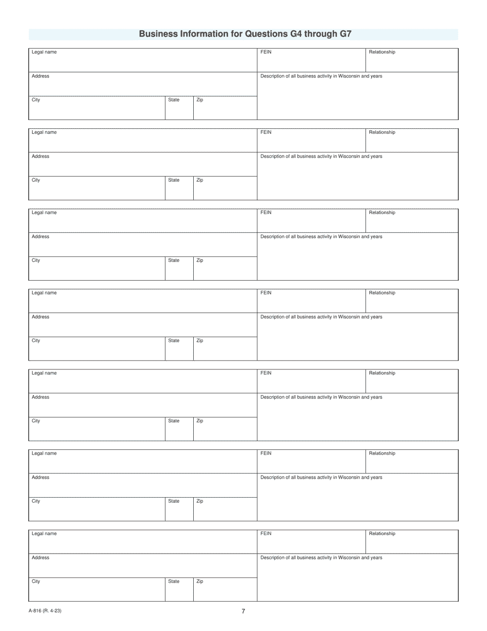 Form A-816 Nexus Questionnaire - Wisconsin, Page 7