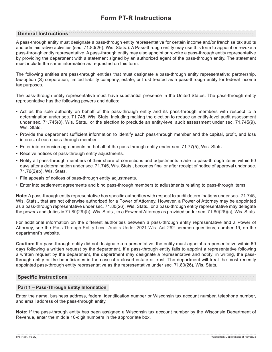 Instructions for Form PT-R Pass-Through Entity Representative - Wisconsin, Page 1