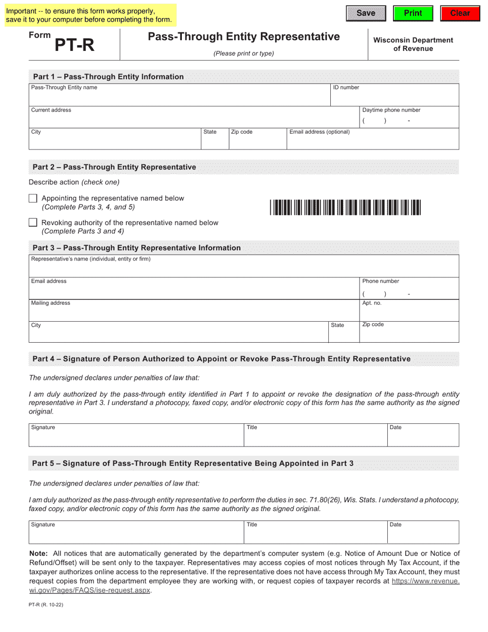 Form PT-R Pass-Through Entity Representative - Wisconsin, Page 1