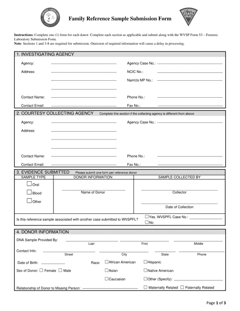 Family Reference Sample Submission Form - West Virginia Download Pdf
