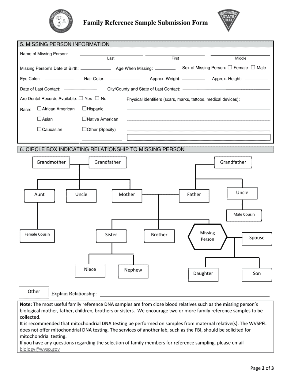 Family Reference Sample Submission Form - West Virginia, Page 2