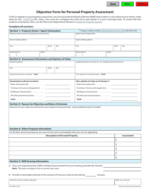Form PA-115B Objection Form for Personal Property Assessment - Wisconsin