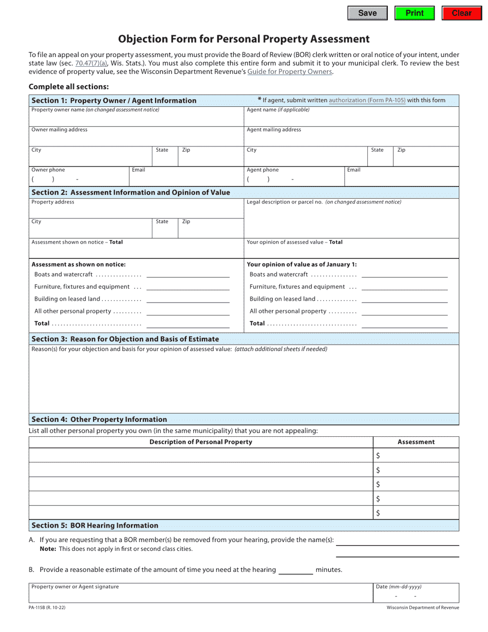 Form PA-115B Objection Form for Personal Property Assessment - Wisconsin, Page 1
