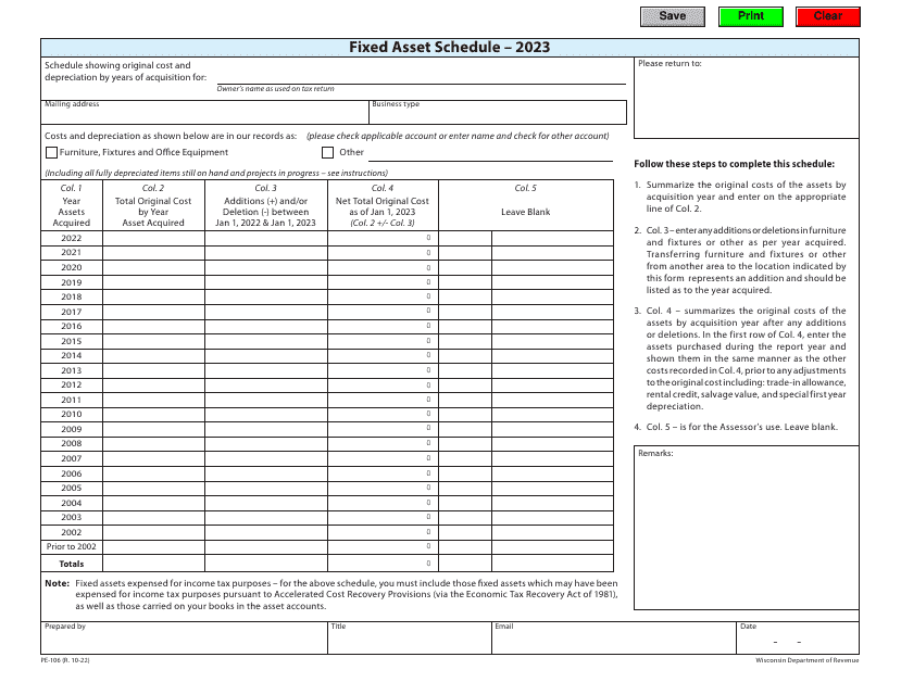 Form PE-106 Fixed Asset Schedule - Wisconsin, 2023