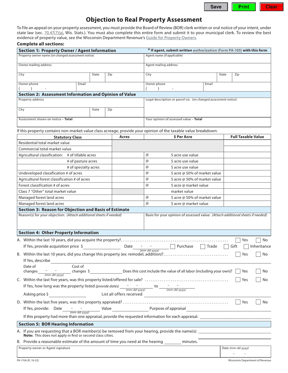 Form PA115A Download Fillable PDF or Fill Online Objection to Real Property Assessment
