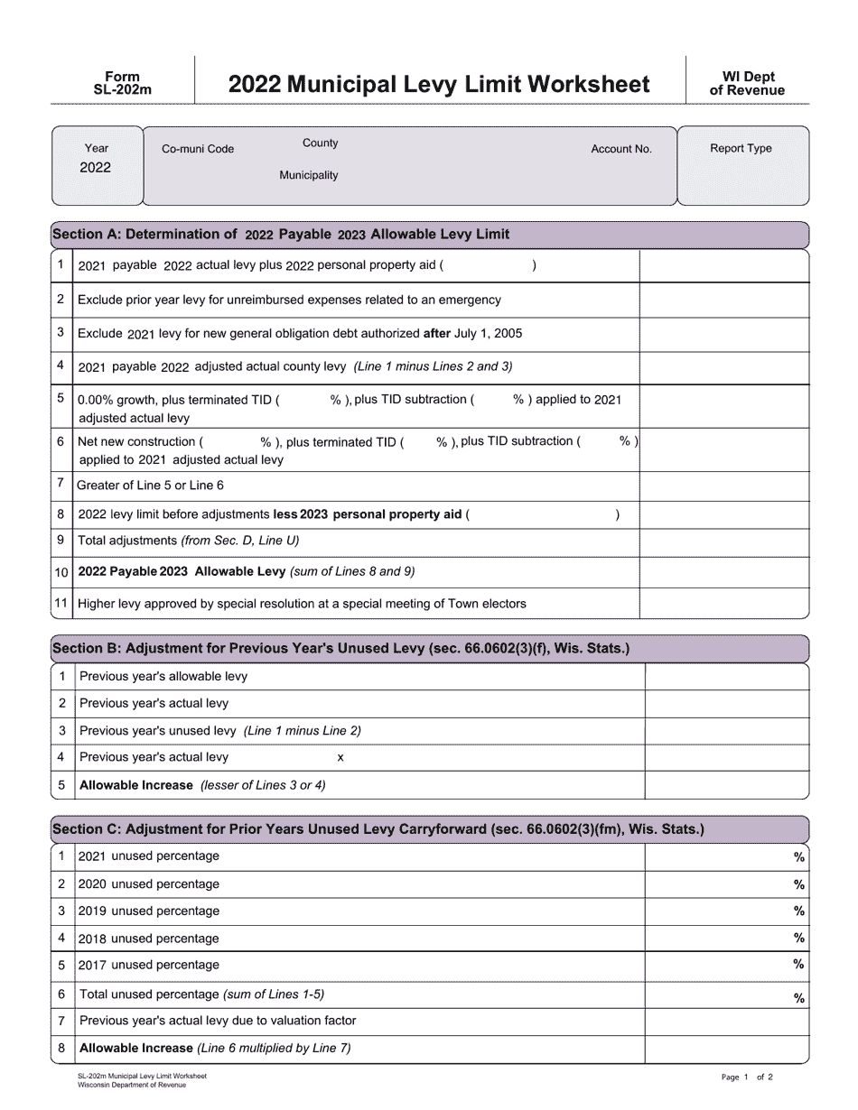 Form SL-202M Municipal Levy Limit Worksheet - Wisconsin, Page 1