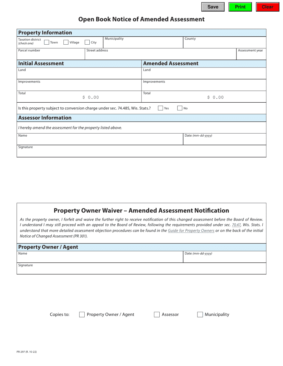 Form PR-297 Open Book Notice of Amended Assessment - Wisconsin, Page 1