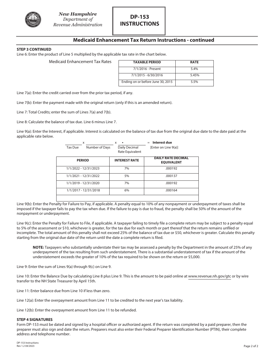 Download Instructions for Form DP-153 Medicaid Enhancement Tax Return ...