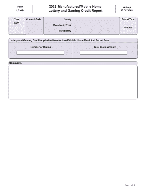 Form LC-664 Manufactured/Mobile Home Lottery and Gaming Credit Report - Wisconsin, 2023