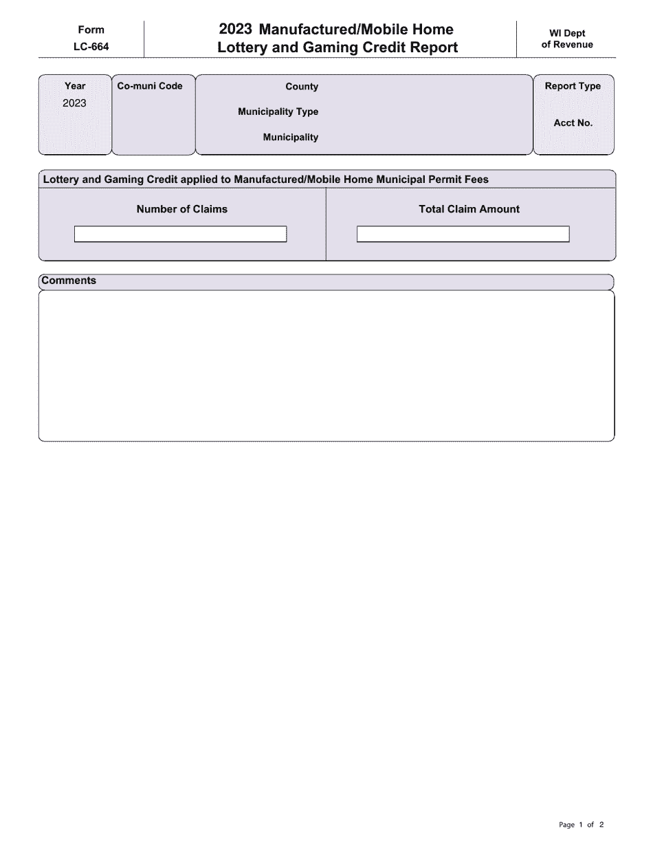 Form LC-664 Manufactured / Mobile Home Lottery and Gaming Credit Report - Wisconsin, Page 1