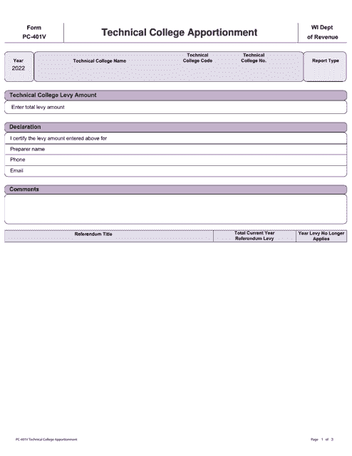 Form PC-401V Technical College Apportionment - Wisconsin, 2022
