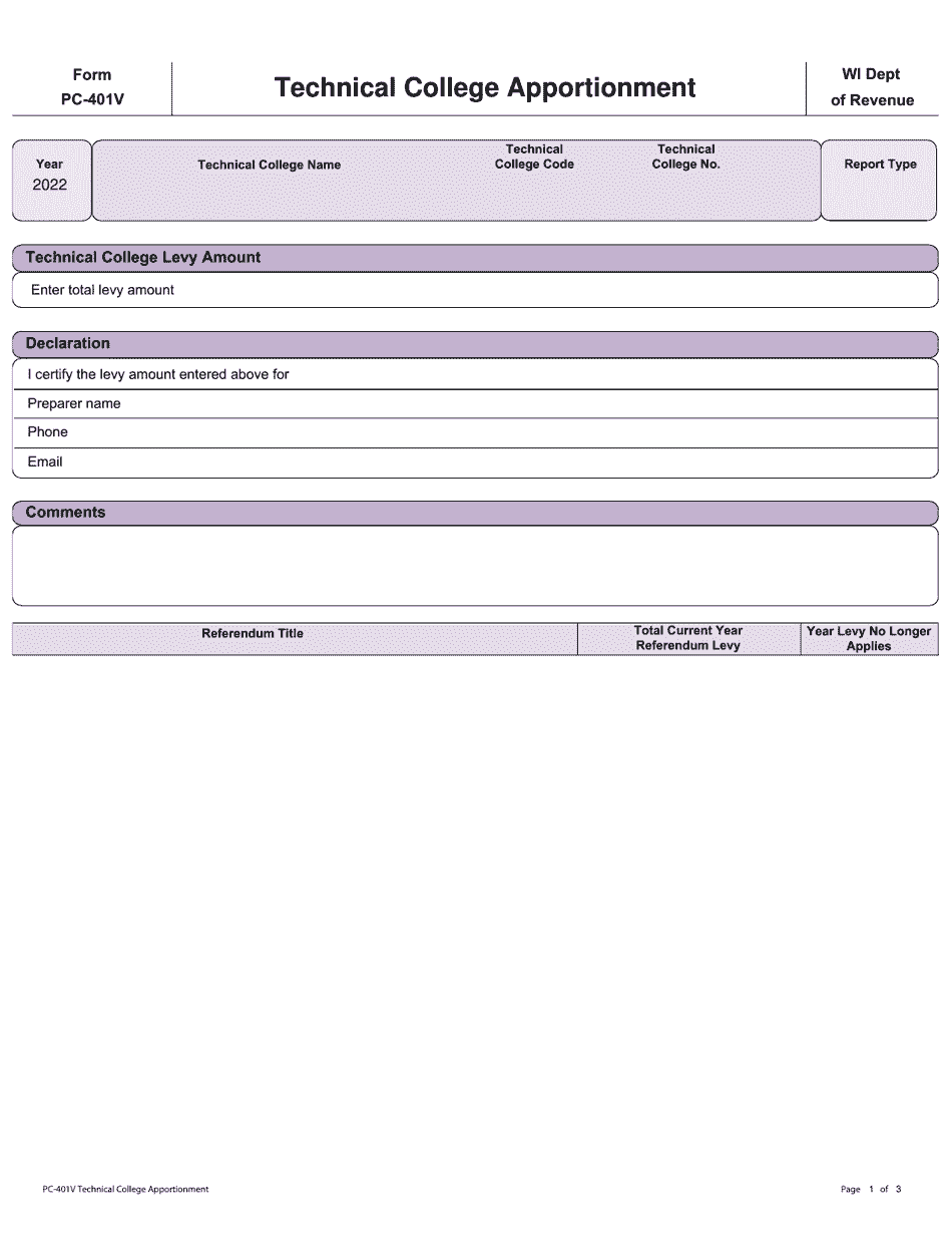 Form PC-401V Technical College Apportionment - Wisconsin, Page 1