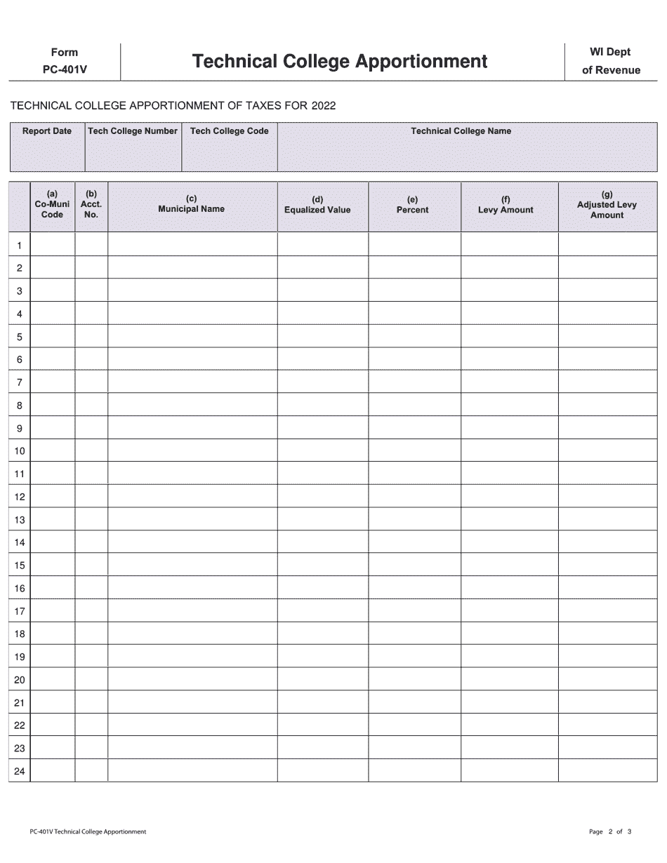 Form PC-401V Technical College Apportionment - Wisconsin, Page 2