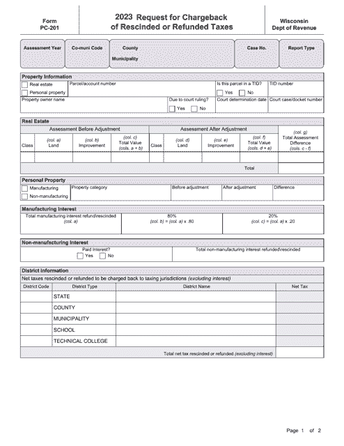 Form PC-201 Request for Chargeback of Rescinded or Refunded Taxes - Wisconsin, 2023