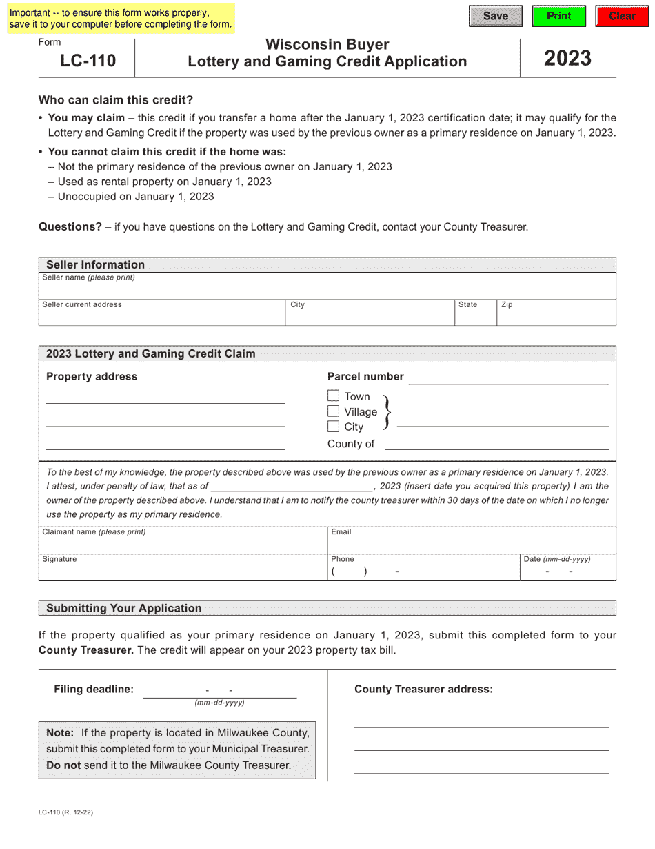 Form LC-110 Wisconsin Buyer Lottery and Gaming Credit Application - Wisconsin, Page 1