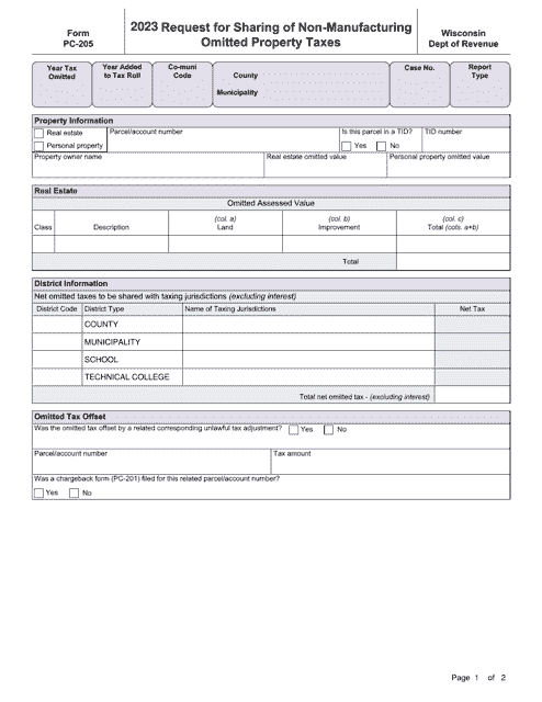 Form PC-205 Request for Sharing of Non-manufacturing Omitted Property Taxes - Wisconsin, 2023