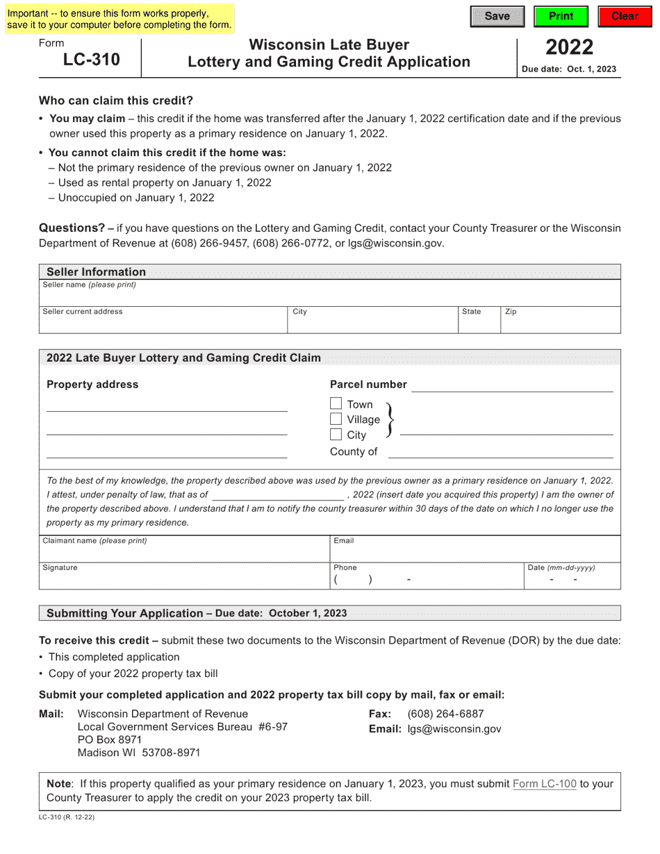 Form LC-310 Wisconsin Late Buyer Lottery and Gaming Credit Application - Wisconsin, Page 1