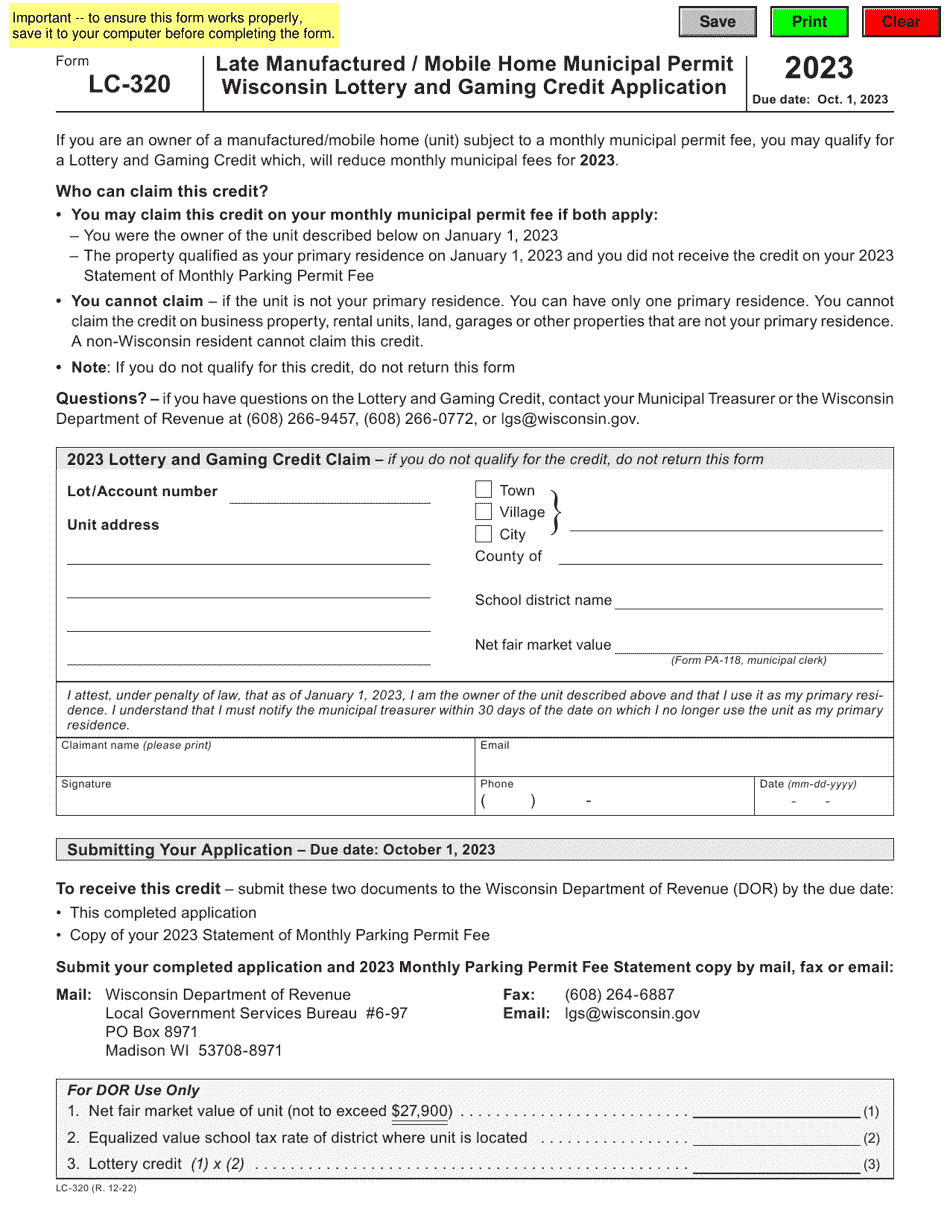 Form LC-320 Late Manufactured / Mobile Home Municipal Permit Wisconsin Lottery and Gaming Credit Application - Wisconsin, Page 1