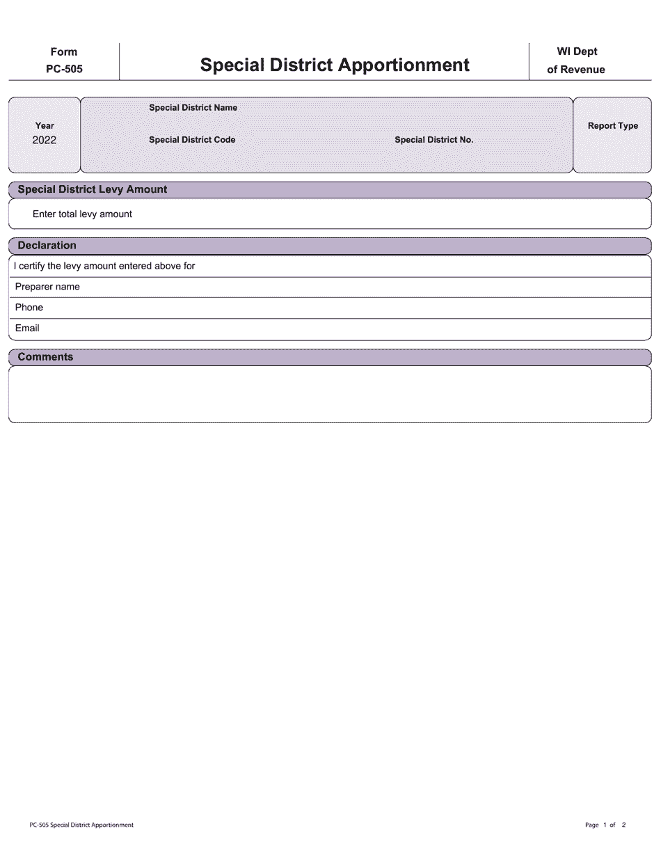 Form PC-505 Special District Apportionment - Wisconsin, Page 1