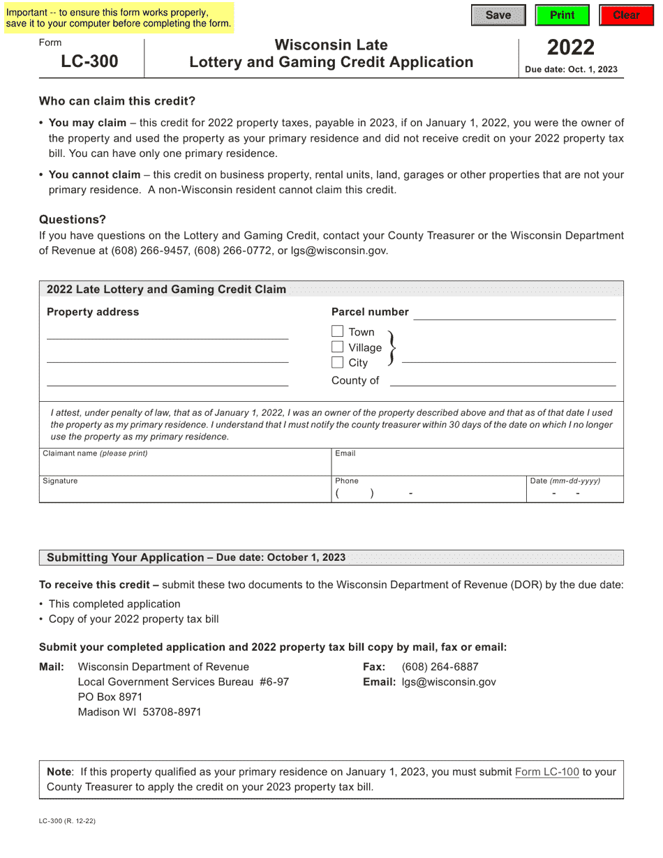 Form LC-300 Late Lottery and Gaming Credit Application - Wisconsin, Page 1