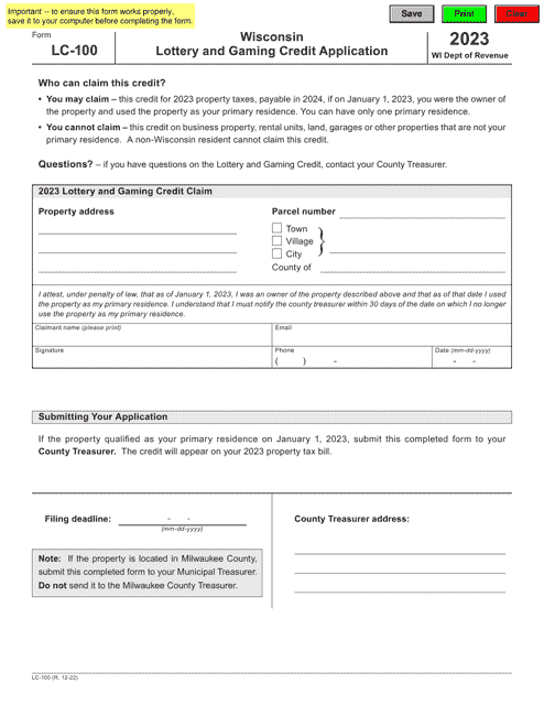 Form LC-100 Lottery and Gaming Credit Application - Wisconsin, 2023